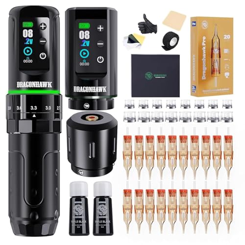 Dragonhawk L3 Tattoo Kit  Cordless/Cord Complete Tattoo Gun Kit Pen Machine  7 Strokes Length  2 Batteries 2 000mAh Power Supply with Extra Battery Rca Jack Part  Pro Tattoo Needles for Beginner