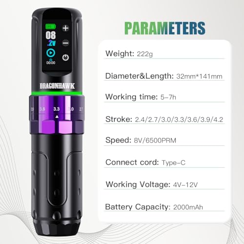 Dragonhawk L3 Tattoo Kit  Cordless/Cord Complete Tattoo Gun Kit Pen Machine  7 Strokes Length  2 Batteries 2 000mAh Power Supply with Extra Battery Rca Jack Part  Pro Tattoo Needles for Beginner