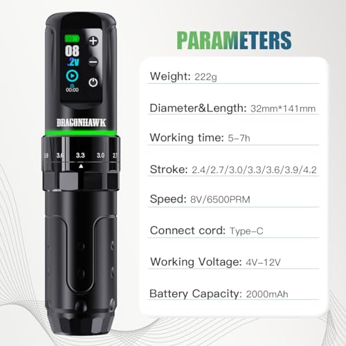 Dragonhawk L3 Tattoo Kit  Cordless/Cord Complete Tattoo Gun Kit Pen Machine  7 Strokes Length  2 Batteries 2 000mAh Power Supply with Extra Battery Rca Jack Part  Pro Tattoo Needles for Beginner