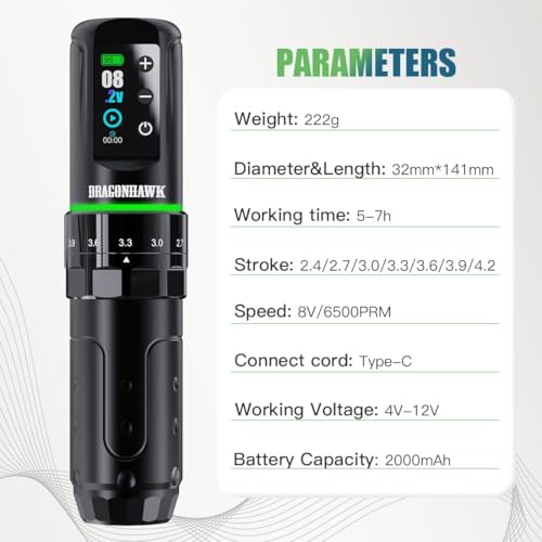 Dragonhawk L3 Tattoo Kit  Cordless/Cord Complete Tattoo Gun Kit Pen Machine  7 Strokes Length  2 Batteries 2 000mAh Power Supply with Extra Battery Rca Jack Part  Pro Tattoo Needles for Beginner