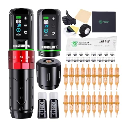 Dragonhawk L3 Tattoo Kit  Cordless/Cord Complete Tattoo Gun Kit Pen Machine  7 Strokes Length  2 Batteries 2 000mAh Power Supply with Extra Battery Rca Jack Part  Pro Tattoo Needles for Beginner