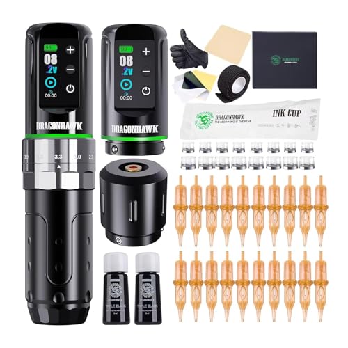Dragonhawk L3 Tattoo Kit  Cordless/Cord Complete Tattoo Gun Kit Pen Machine  7 Strokes Length  2 Batteries 2 000mAh Power Supply with Extra Battery Rca Jack Part  Pro Tattoo Needles for Beginner