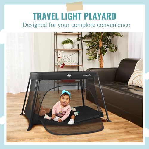 Dream On Me Travel Light Baby Playard with Zipper Access Door  Breathable Mesh Sides with Soft Comfortable Mattress  Easy Fold Design with Travel Carry Bag  Compact Space Saving Design   Black