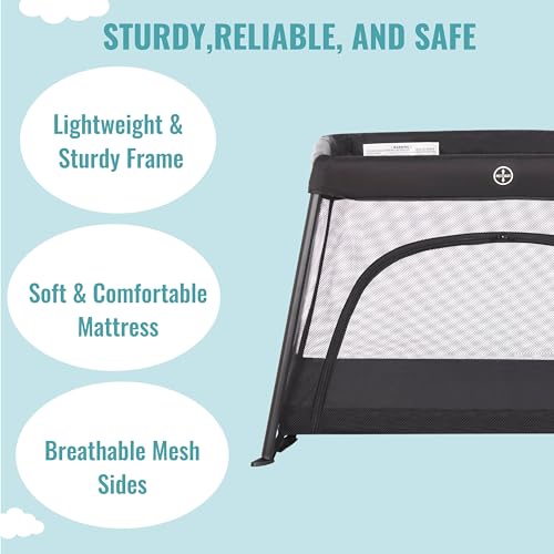 Dream On Me Travel Light Baby Playard with Zipper Access Door  Breathable Mesh Sides with Soft Comfortable Mattress  Easy Fold Design with Travel Carry Bag  Compact Space Saving Design   Black