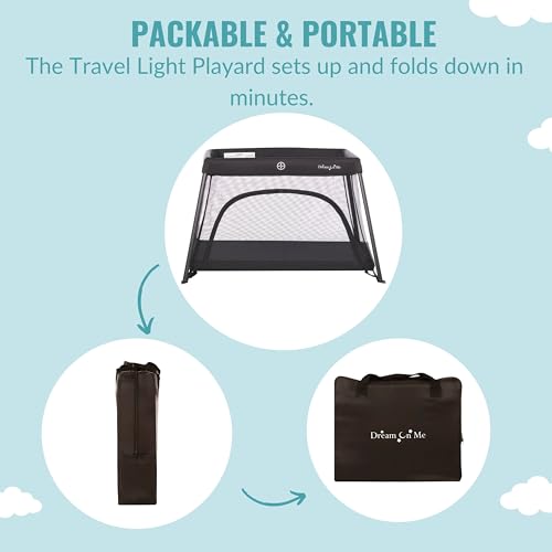 Dream On Me Travel Light Baby Playard with Zipper Access Door  Breathable Mesh Sides with Soft Comfortable Mattress  Easy Fold Design with Travel Carry Bag  Compact Space Saving Design   Black
