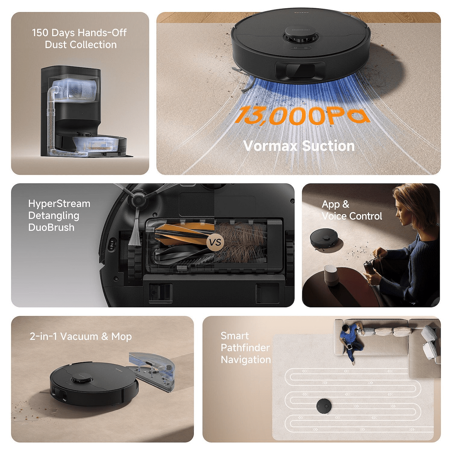 Dreame GoVac 300 Robot Vacuum and Mop  13000Pa Suction  Pet Hair Capets Friendly  Self Emptying with 5L Dust Bag  LDS Mapping  App & Voice Control  Black