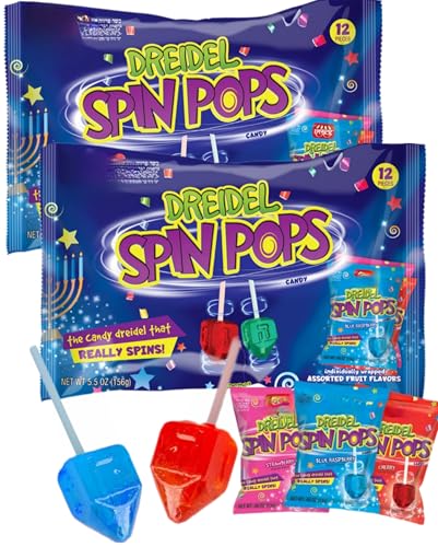 Dreidel Spin Pops Candy  Assorted Fruit Flavors  Individually Wrapped  12 Pcs   Hanukkah Party Favors  Pack of 2