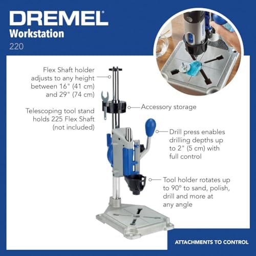 Dremel Drill Press Rotary Tool Workstation Stand with Wrench   Mini Portable Press & Tool Holder   2 Inch Depth  Ideal for Drilling Perpendicular and Angled Holes   220 01
