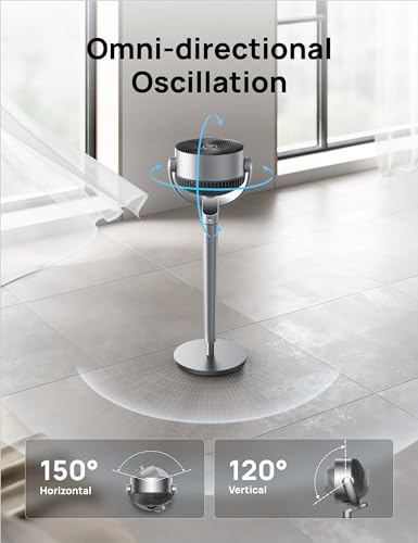 Dreo Ventilador oscilante para dormitorio, ventiladores de piso silenciosos omnidireccionales de 150° + 120° con control inteligente, ventilador de pedestal de 110 pies con motor de CC, 9 velocidades