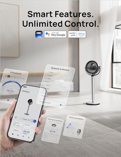 Dreo Ventilador oscilante para dormitorio, ventiladores de piso silenciosos omnidireccionales de 150° + 120° con control inteligente, ventilador de pedestal de 110 pies con motor de CC, 9 velocidades
