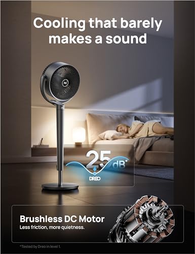 Dreo Ventilador oscilante para dormitorio, ventiladores de piso silenciosos omnidireccionales de 150° + 120° con control inteligente, ventilador de pedestal de 110 pies con motor de CC, 9 velocidades