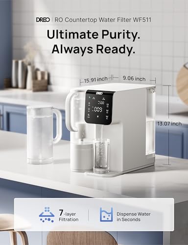 Dreo Reverse Osmosis Water Filter Countertop  7 Stage RO Water Filtration System  Installation Free  Reduce TDS  Water Filter Pitcher for Home  Kitchen  3 1 Pure to Drain  WF511 Upgraded