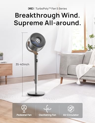 Dreo Standing Fan  120  120  Smart Oscillating Floor Fans with Wi Fi/Voice Control  90 ft Fan For Bedroom  DC Motor Quiet Fans  Adjustable Height  8 Speeds  6 Modes  12H Timer  Office  Room