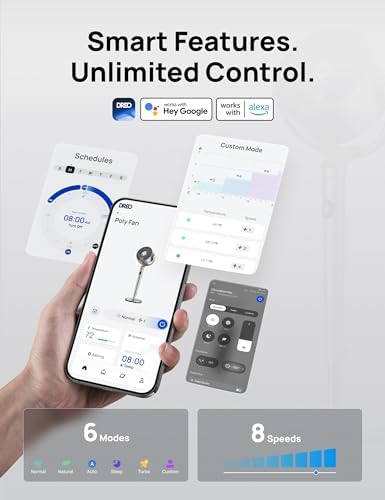Dreo Standing Fan  120  120  Smart Oscillating Floor Fans with Wi Fi/Voice Control  90 ft Fan For Bedroom  DC Motor Quiet Fans  Adjustable Height  8 Speeds  6 Modes  12H Timer  Office  Room
