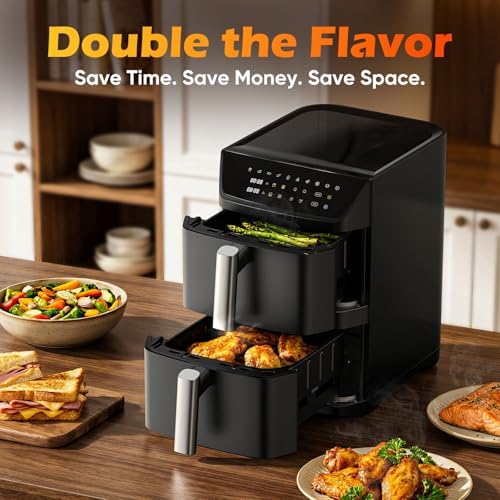 Dual Basket Air Fryer  12 6QT Family Size for 10 12 People  XL Basket for 6LB Whole Chicken  DoubleStack Compact Design  10 in 1 Functions with Reheat  Dehydrate & SyncFinish  Dishwasher Safe  Black