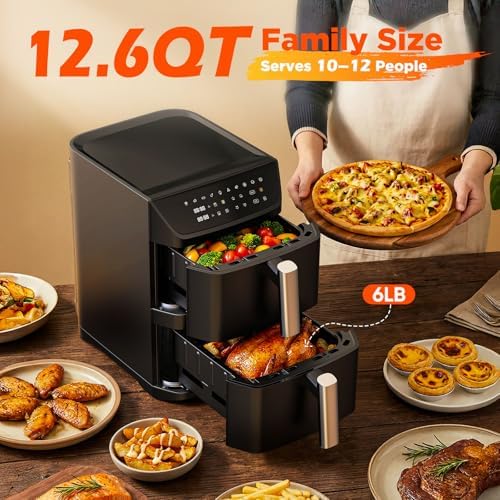 Dual Basket Air Fryer  12 6QT Family Size for 10 12 People  XL Basket for 6LB Whole Chicken  DoubleStack Compact Design  10 in 1 Functions with Reheat  Dehydrate & SyncFinish  Dishwasher Safe  Black
