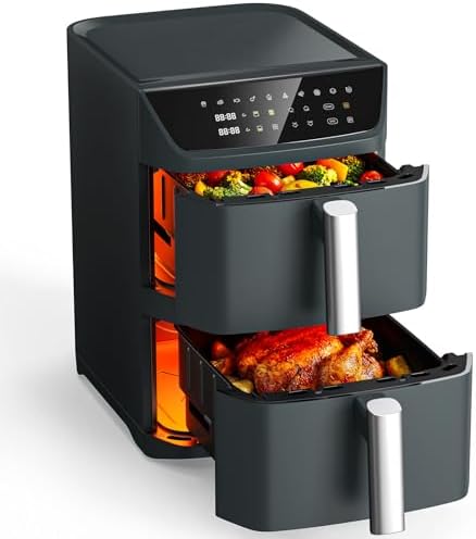 Dual Basket Air Fryer  12 6QT Family Size for 10 12 People  XL Basket for 6LB Whole Chicken  DoubleStack Compact Design  10 in 1 Functions with Reheat  Dehydrate & SyncFinish  Dishwasher Safe  Black