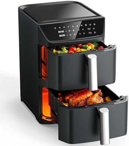 Dual Basket Air Fryer  12 6QT Family Size for 10 12 People  XL Basket for 6LB Whole Chicken  DoubleStack Compact Design  10 in 1 Functions with Reheat  Dehydrate & SyncFinish  Dishwasher Safe  Black