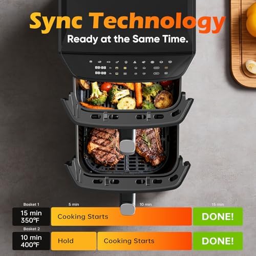 Dual Basket Air Fryer  12 6QT Family Size for 10 12 People  XL Basket for 6LB Whole Chicken  DoubleStack Compact Design  10 in 1 Functions with Reheat  Dehydrate & SyncFinish  Dishwasher Safe  Black