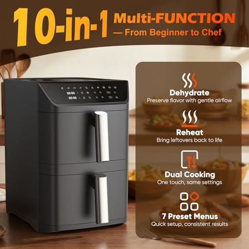 Dual Basket Air Fryer  12 6QT Family Size for 10 12 People  XL Basket for 6LB Whole Chicken  DoubleStack Compact Design  10 in 1 Functions with Reheat  Dehydrate & SyncFinish  Dishwasher Safe  Black