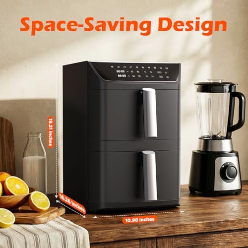 Dual Basket Air Fryer  12 6QT Family Size for 10 12 People  XL Basket for 6LB Whole Chicken  DoubleStack Compact Design  10 in 1 Functions with Reheat  Dehydrate & SyncFinish  Dishwasher Safe  Black