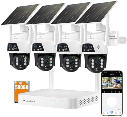 Dual Lens Wireless Home Security System Outdoor  Solar Powered  4PCS 2 in 1 Cameras  10CH 4K NVR  500GB HDD  2 4/5GHz WiFi 6  AI Tracking  360  PTZ  Color Night Vision  IP66  No Monthly Fee
