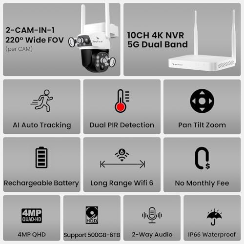 Dual Lens Wireless Home Security System Outdoor  Solar Powered  4PCS 2 in 1 Cameras  10CH 4K NVR  500GB HDD  2 4/5GHz WiFi 6  AI Tracking  360  PTZ  Color Night Vision  IP66  No Monthly Fee