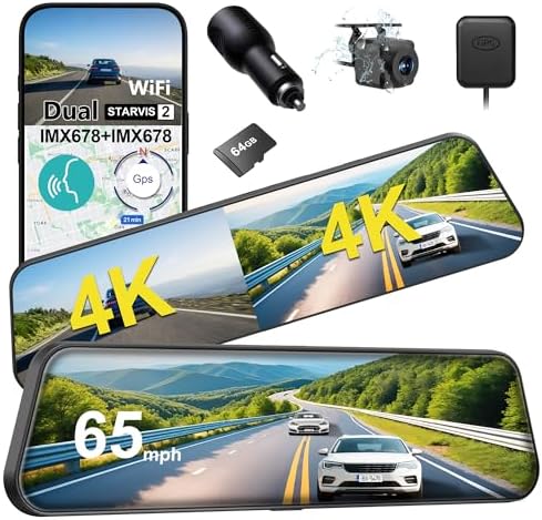 Dual Sony STARVIS 2 IMX678 Sensors 4K 4K Mirror Dash Cam Front and Rear  12 Smart Rear View Camera with ADAS Blind Spot Detection  Super Night Vision HDR  5G WiFi GPS  64GB  24H Parking