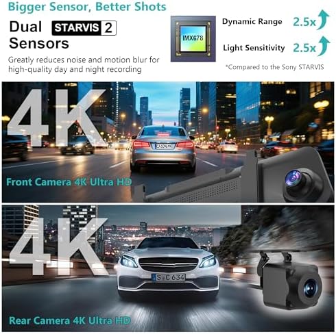 Dual Sony STARVIS 2 IMX678 Sensors 4K 4K Mirror Dash Cam Front and Rear  12 Smart Rear View Camera with ADAS Blind Spot Detection  Super Night Vision HDR  5G WiFi GPS  64GB  24H Parking