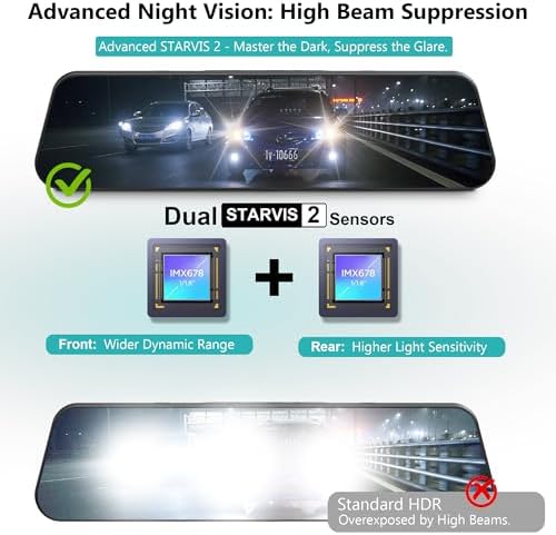 Dual Sony STARVIS 2 IMX678 Sensors 4K 4K Mirror Dash Cam Front and Rear  12 Smart Rear View Camera with ADAS Blind Spot Detection  Super Night Vision HDR  5G WiFi GPS  64GB  24H Parking