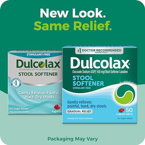 Dulcolax Stool Softener Laxative Liquid Gel Capsules  Gentle Constipation Relief for Hard  Dry Stools  Docusate Sodium 100 mg  50 Count