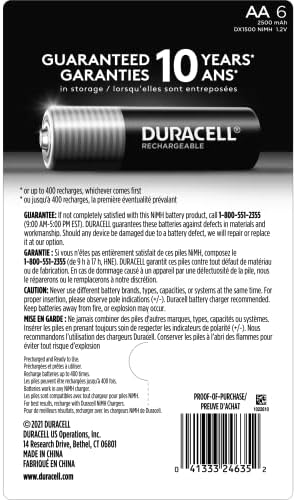 Duracell Rechargeable AA 2500mAh Batteries  6 Count  Pack of 1   Double A Battery for Long lasting Power  All Purpose Pre Charged Battery for Household and Business Devices