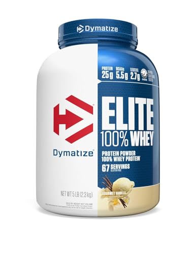 Dymatize Elite 100  Whey Protein Powder  Vanilla  25g of Protein  5 5g BCAAs  Less Than 140 Cal   Gluten Free  2g Carb  2g Sugar  3g Fat  67 Servings
