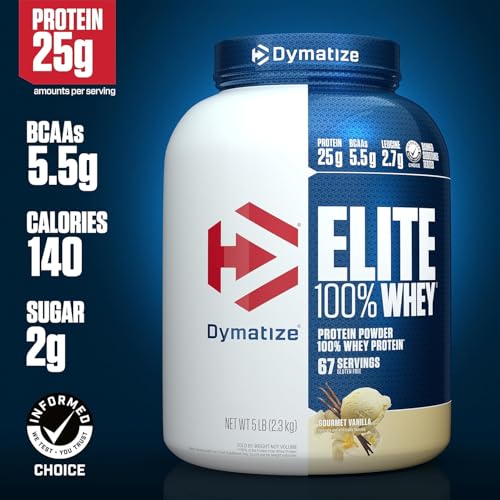 Dymatize Elite 100  Whey Protein Powder  Vanilla  25g of Protein  5 5g BCAAs  Less Than 140 Cal   Gluten Free  2g Carb  2g Sugar  3g Fat  67 Servings