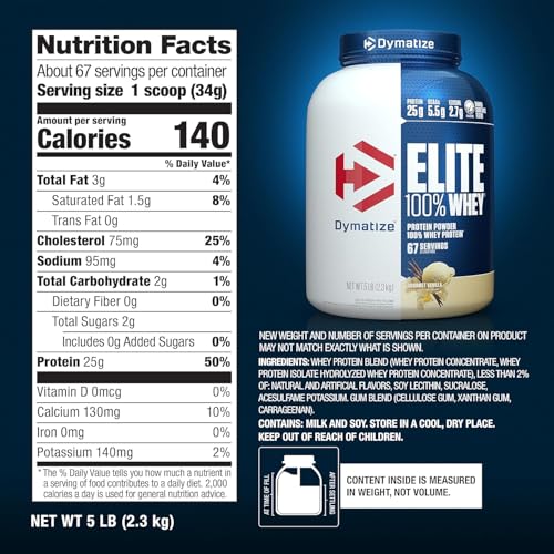 Dymatize Elite 100  Whey Protein Powder  Vanilla  25g of Protein  5 5g BCAAs  Less Than 140 Cal   Gluten Free  2g Carb  2g Sugar  3g Fat  67 Servings