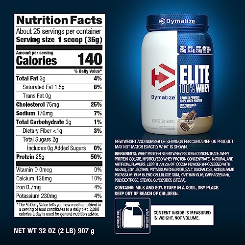 Dymatize Elite - 100% proteína de suero en polvo, absorción rápida y digestión rápida para una recuperación muscular óptima, galletas y crema, 32 onzas