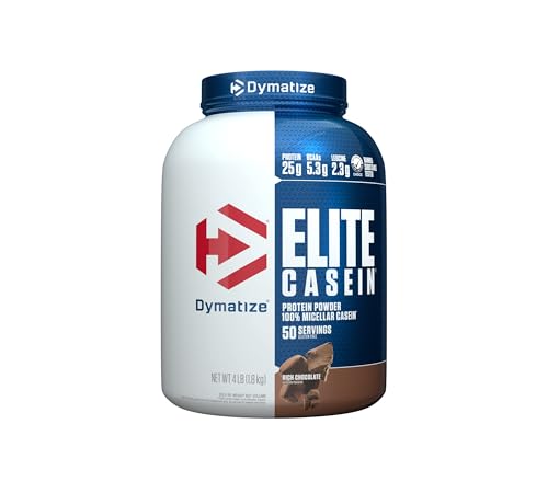 Dymatize Elite Casein Protein Powder  Chocolate  100  Micellar Casein  25g Protein  5 4g BCAAs  2 3g Leucine  Slow Absorbing for Overnight Muscle Recovery  4 lb  50 Servings 