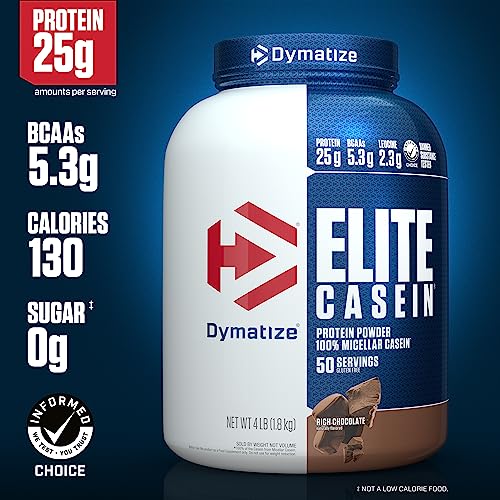 Dymatize Elite Casein Protein Powder  Chocolate  100  Micellar Casein  25g Protein  5 4g BCAAs  2 3g Leucine  Slow Absorbing for Overnight Muscle Recovery  4 lb  50 Servings 