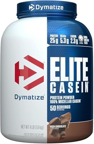 Dymatize Elite Casein Protein Powder  Chocolate  100  Micellar Casein  25g Protein  5 4g BCAAs  2 3g Leucine  Slow Absorbing for Overnight Muscle Recovery  4 lb  50 Servings 