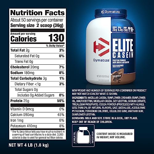 Dymatize Elite Casein Protein Powder  Chocolate  100  Micellar Casein  25g Protein  5 4g BCAAs  2 3g Leucine  Slow Absorbing for Overnight Muscle Recovery  4 lb  50 Servings 