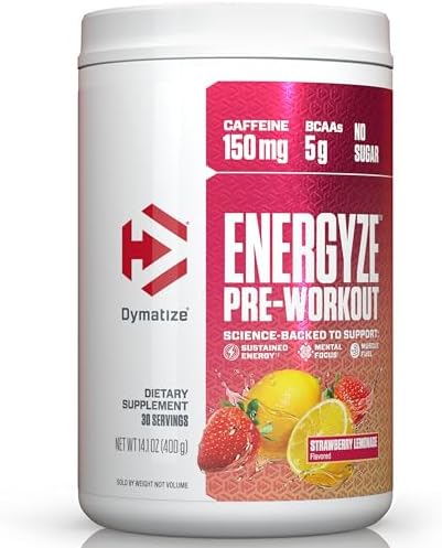 Dymatize Energyze Pre Workout Powder for Men and Women  Strawberry Lemonade  150mg Caffeine  5g BCAAs  Performance Blend of L Theanine  L Tyrosine  L Citrulline  No Sugar  30 Servings 