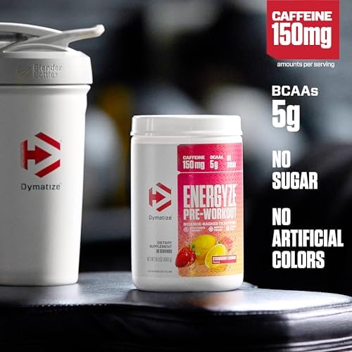 Dymatize Energyze Pre Workout Powder for Men and Women  Strawberry Lemonade  150mg Caffeine  5g BCAAs  Performance Blend of L Theanine  L Tyrosine  L Citrulline  No Sugar  30 Servings 