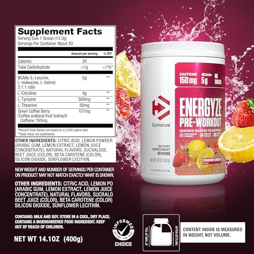Dymatize Energyze Pre Workout Powder for Men and Women  Strawberry Lemonade  150mg Caffeine  5g BCAAs  Performance Blend of L Theanine  L Tyrosine  L Citrulline  No Sugar  30 Servings 