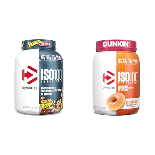 Dymatize ISO100 Hydrolyzed Protein Powder  100  Whey Isolate  25g of Protein  5 5g BCAAs & ISO100 Hydrolyzed Protein Powder  100  Whey Isolate  Dunkin Glazed Donut Flavor