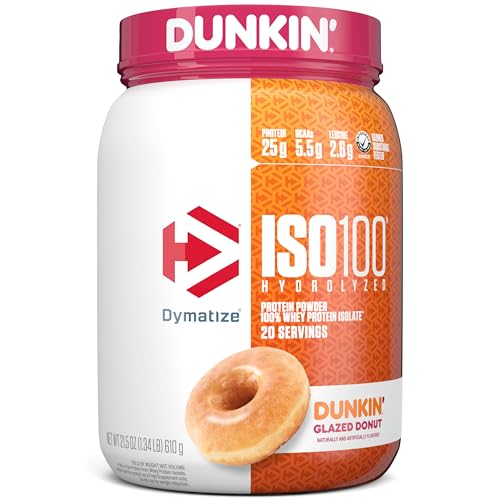 Dymatize ISO100 Hydrolyzed Protein Powder  100  Whey Isolate  25g of Protein  5 5g BCAAs & ISO100 Hydrolyzed Protein Powder  100  Whey Isolate  Dunkin Glazed Donut Flavor