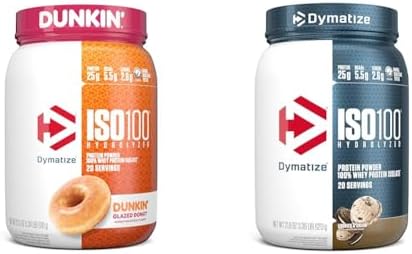 Dymatize ISO100 Hydrolyzed Protein Powder  100  Whey Isolate  Dunkin Glazed Donut Flavor  20 Servings & ISO100 Hydrolyzed Protein Powder  100  Whey Isolate Protein  25g of Protein  5 5g BCAAs