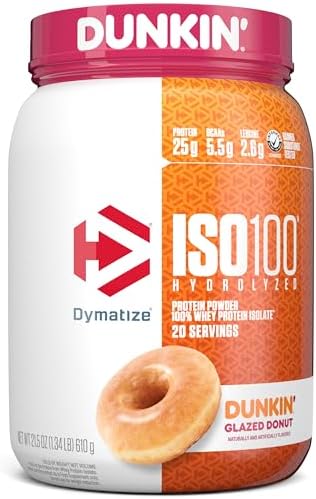 Dymatize ISO100 Hydrolyzed Protein Powder  100  Whey Isolate  Dunkin Glazed Donut Flavor  20 Servings & ISO100 Hydrolyzed Protein Powder  100  Whey Isolate Protein  25g of Protein  5 5g BCAAs