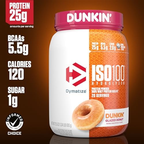Dymatize ISO100 Hydrolyzed Protein Powder  100  Whey Isolate  Dunkin Glazed Donut Flavor  20 Servings & ISO100 Hydrolyzed Protein Powder  100  Whey Isolate Protein  25g of Protein  5 5g BCAAs
