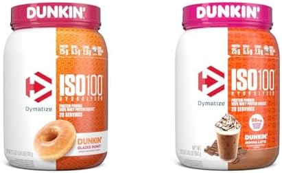 Dymatize ISO100 Hydrolyzed Protein Powder  100  Whey Isolate  Dunkin Glazed Donut Flavor  20 Servings & ISO100 Hydrolyzed Protein Powder  100  Whey Isolate Protein  25g of Protein  5 5g BCAAs