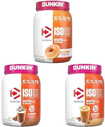 Dymatize ISO100 Hydrolyzed Protein Powder  100  Whey Isolate  Dunkin Glazed Donut Flavor  20 Servings & ISO100 Hydrolyzed Protein Powder  100  Whey Isolate Protein  25g of Protein  5 5g BCAAs